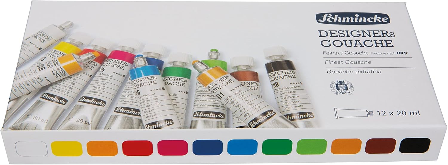 Schmincke - Designers Gouache, 12 x 0,68 fl oz / 20 ml tubes, 72 014 097, 12 colors, cardboard set, streak-free, maximum opacity, color intens and velvet-matt