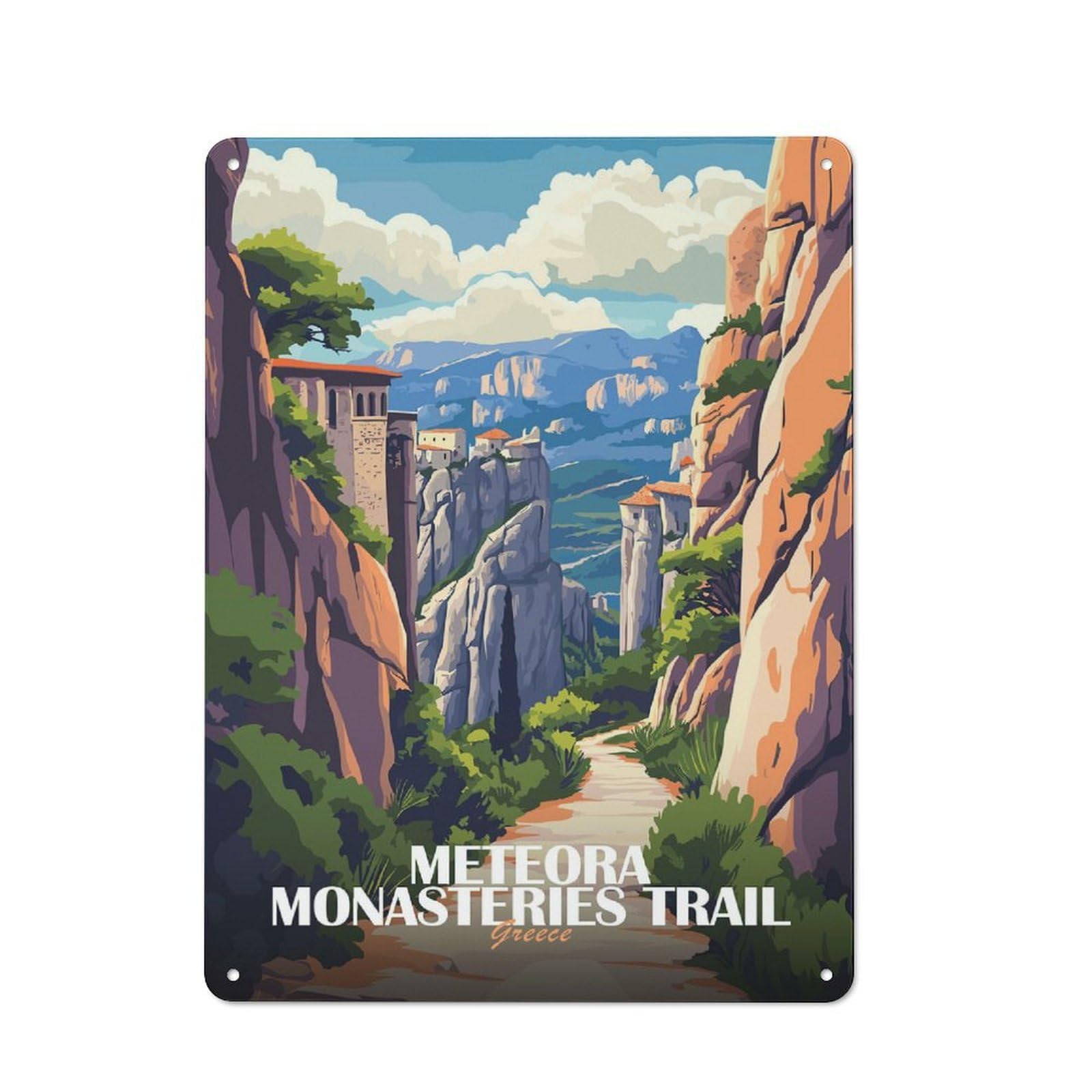 Junmoney Style-13 Tin Sign 40X30cm With Meteora Monasteries Trail Greece Art For Garage Wall, Retro-Style Decor, For Room Styling Across Garages And Workshops