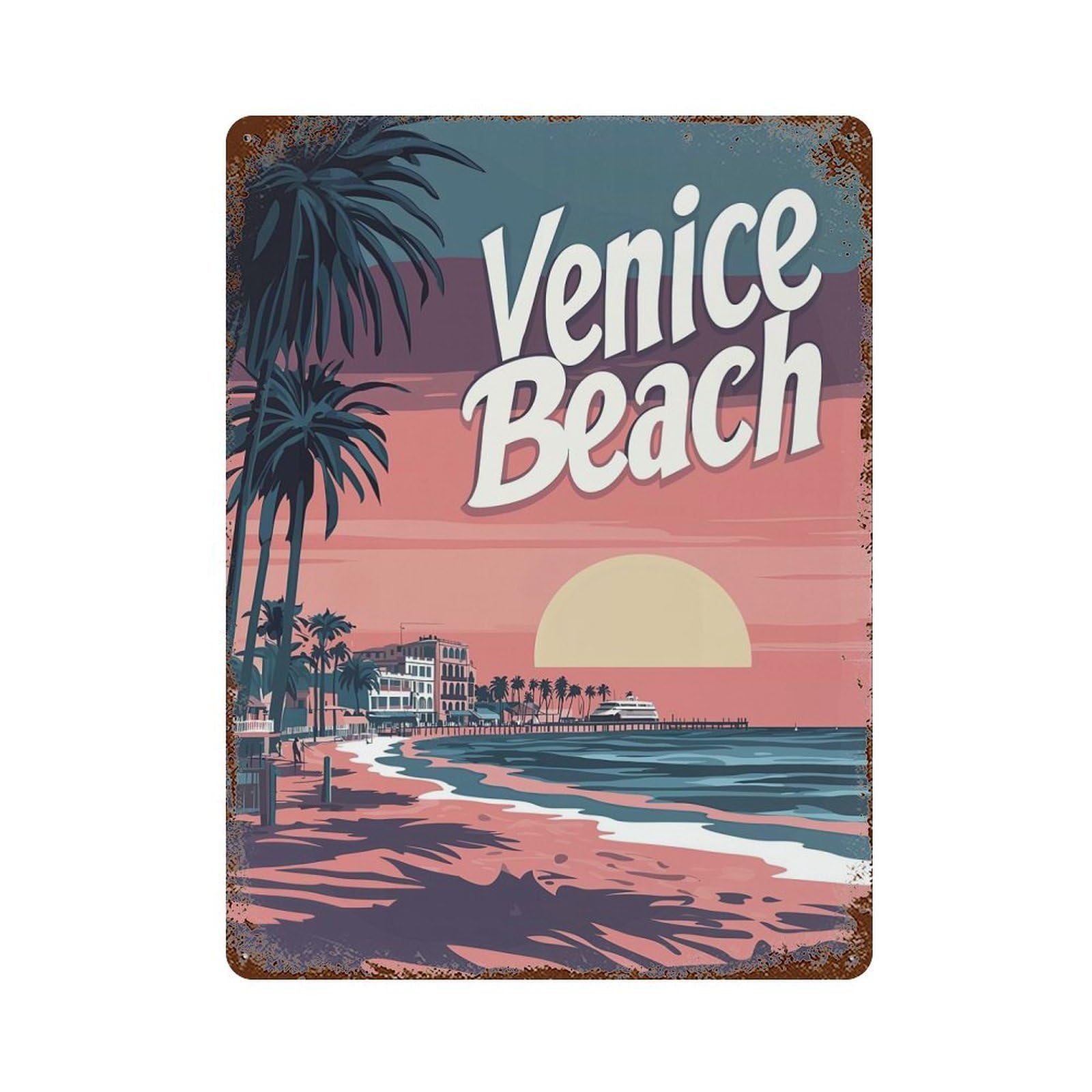 Venice Beach Sunset 15.7"x11.8" Rust Effect Tin Sign, Rustic Home Decor for Office, Studio And Wall Decor