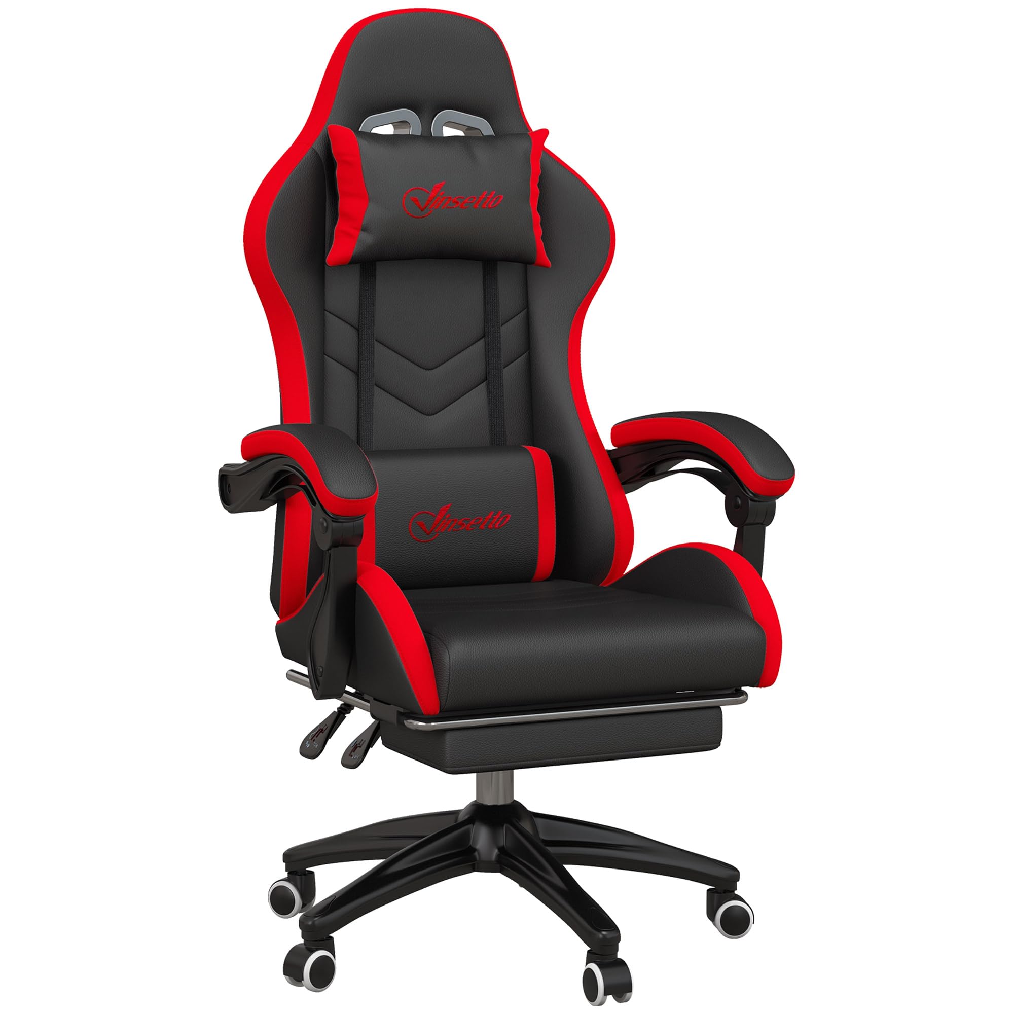 Vinsetto Sedia da Gaming Ergonomica in Pelle PU e Acciaio con Poggiatesta e Altezza Regolabile, Poltrona Gaming con Schienale Reclinabile e Cuscino Lombare, 65x65x121-129 cm, Nero e Rosso
