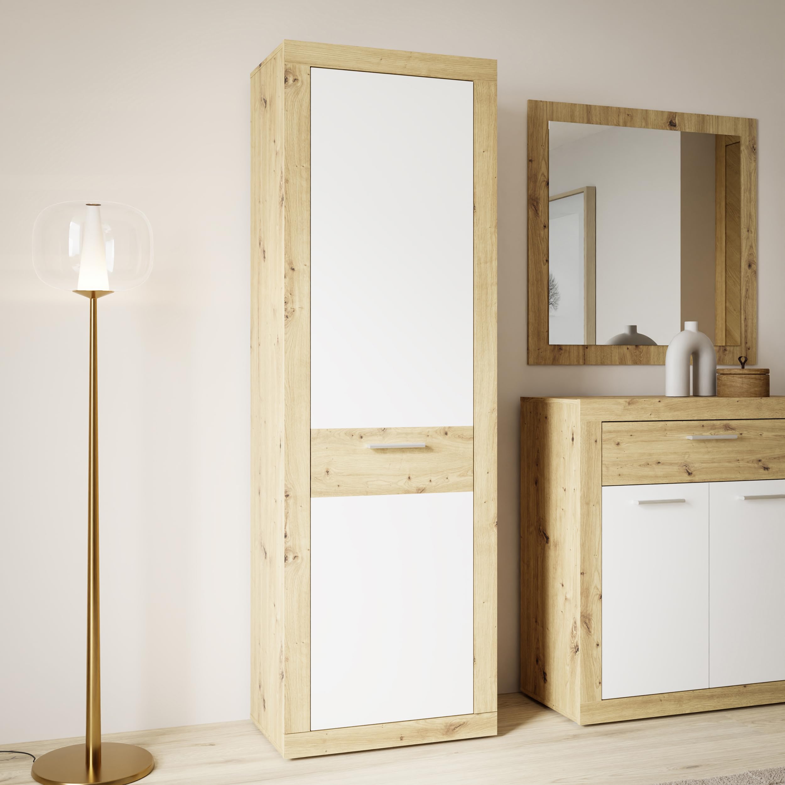 Forte BACCIO Garderobenschrank 60, moderner Flurschrank, 1-türig, Mehrzweckschrank, Holzwerkstoff, Artisan Eiche|Weiß, 58,3 cm breit x 196,8 cm hoch x 33,8 cm tief