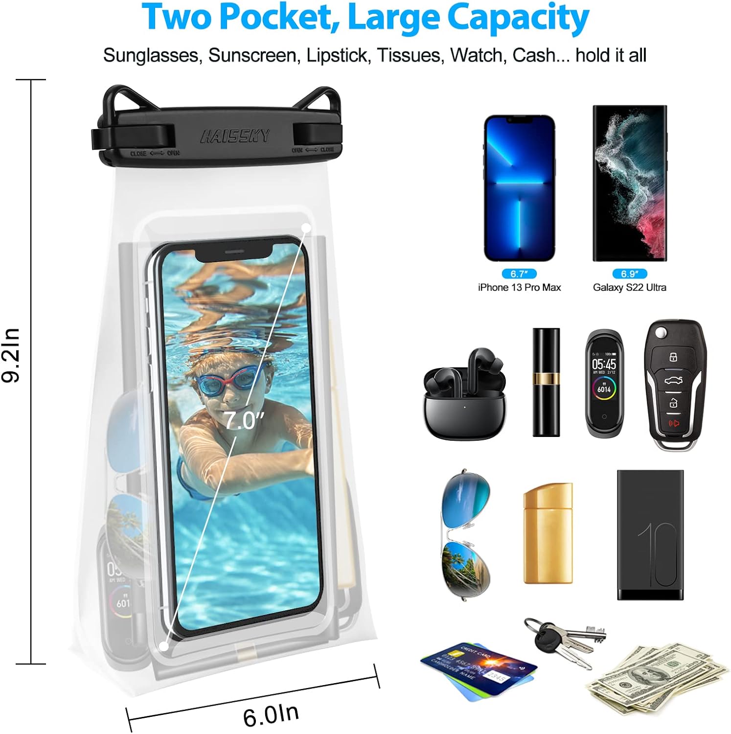 HAISSKY Large Waterproof Phone Pouch Floating Dry Bag for iPhone 13 12 11 Pro Up to 6.9" Waterproof Bag with Adjustable Strap, Sunscreen Glasses Storage Dry Bag for Swimming Beach Water Parks (1 Pc)