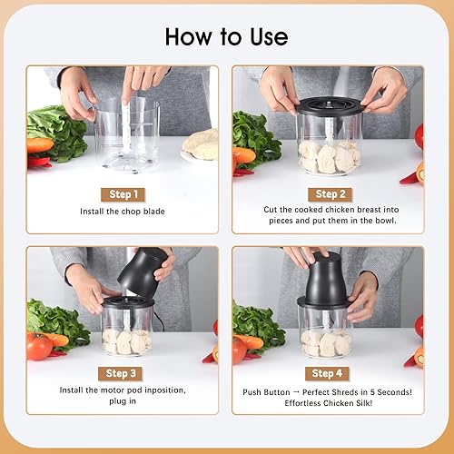 Miniatura 5 de Procesadores de alimentos, trituradora de pollo eléctrica 2 en 1 y picadora de alimentos con motor de cobre de 250 W, cuencos de 1.5 L y 2 cuchillas