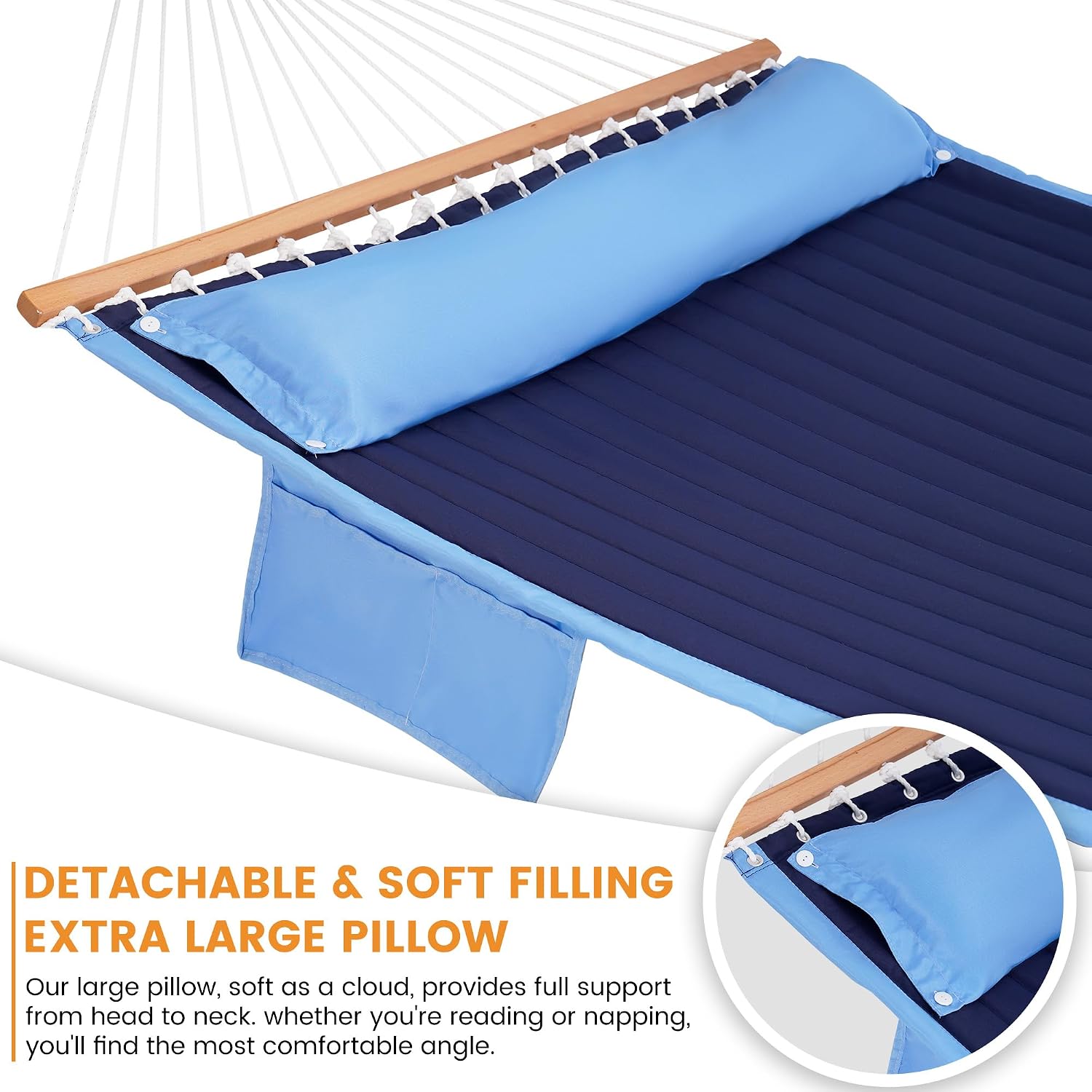 Lazy Daze Hammocks 2 Person Double Quilted Hammock with Spreader Bar, Detachable Pillow & Side Pocket, 450lbs Capacity for Patio Yard Garden Outdoor, Blue