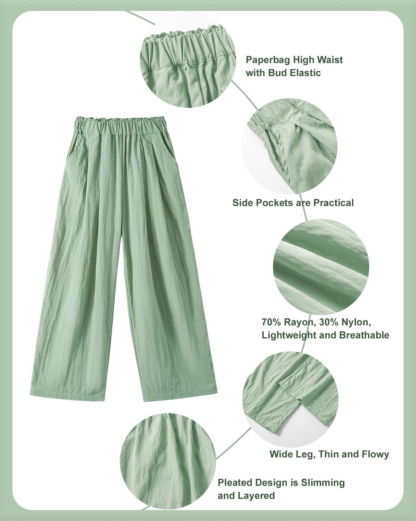 Rolanko Mädchen-Hose mit Weitem Bein, Fließender Paperbag Stil Elastische Taille Sommer Palazzo Hose mit Taschen für lockere Passform