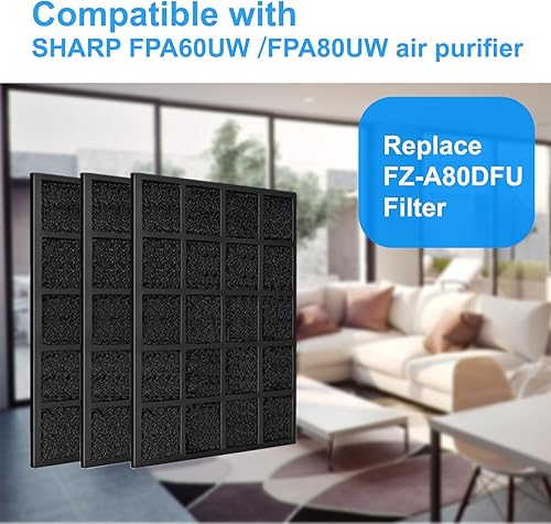 Miniatura 4 de Filtro de repuesto FZ-A80DFU, prefiltro de carbón activado compatible con purificador de aire SHARP FPA60UW y FPA80UW, repuesto de filtro HEPA