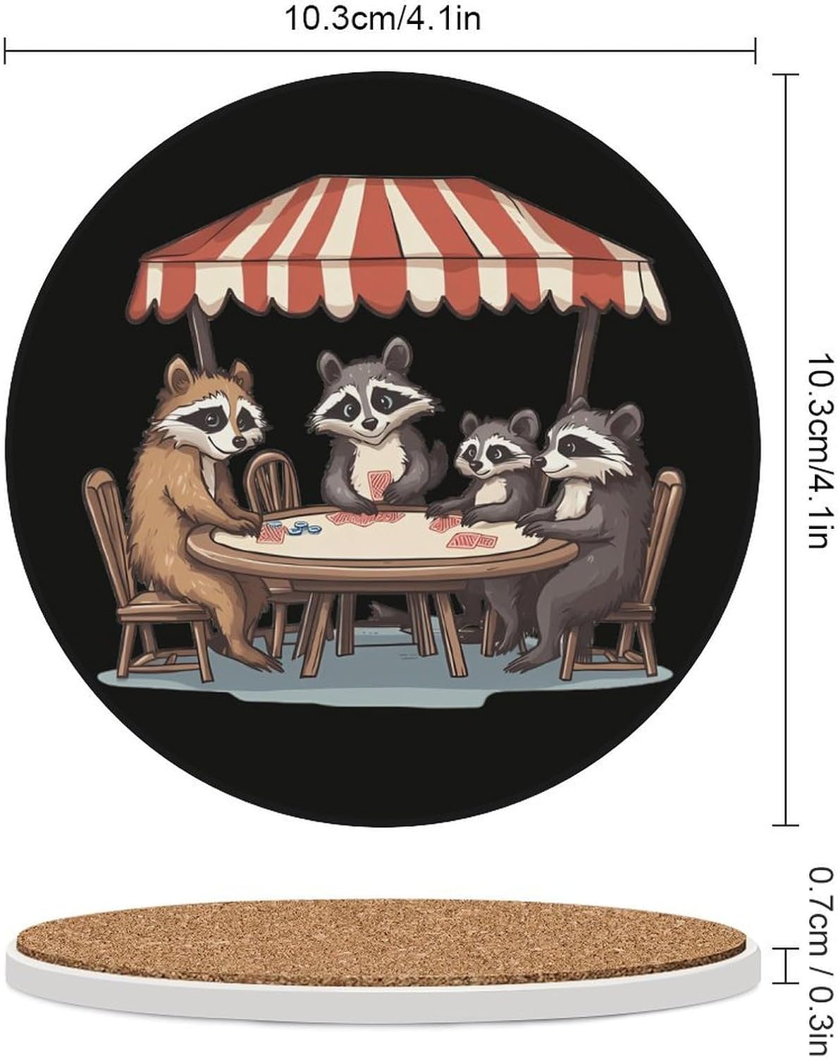 Raccoons Animal Poker Round Ceramic Coasters for Drinks Absorbent Cup Holder Tabletop Protector with Cork Base