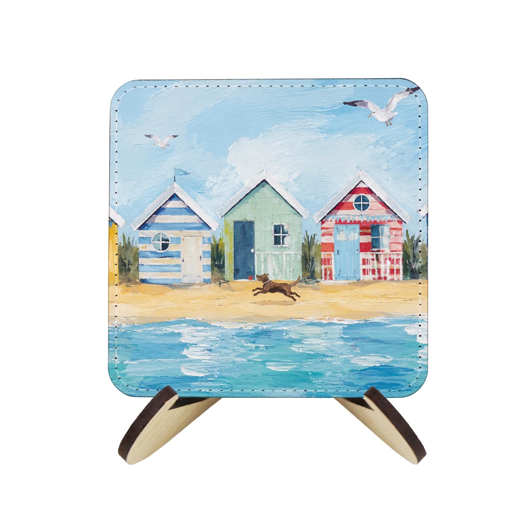 Seaside Beach Huts Faux Leather Coasters - Table Decor, Set of 4 with Stand