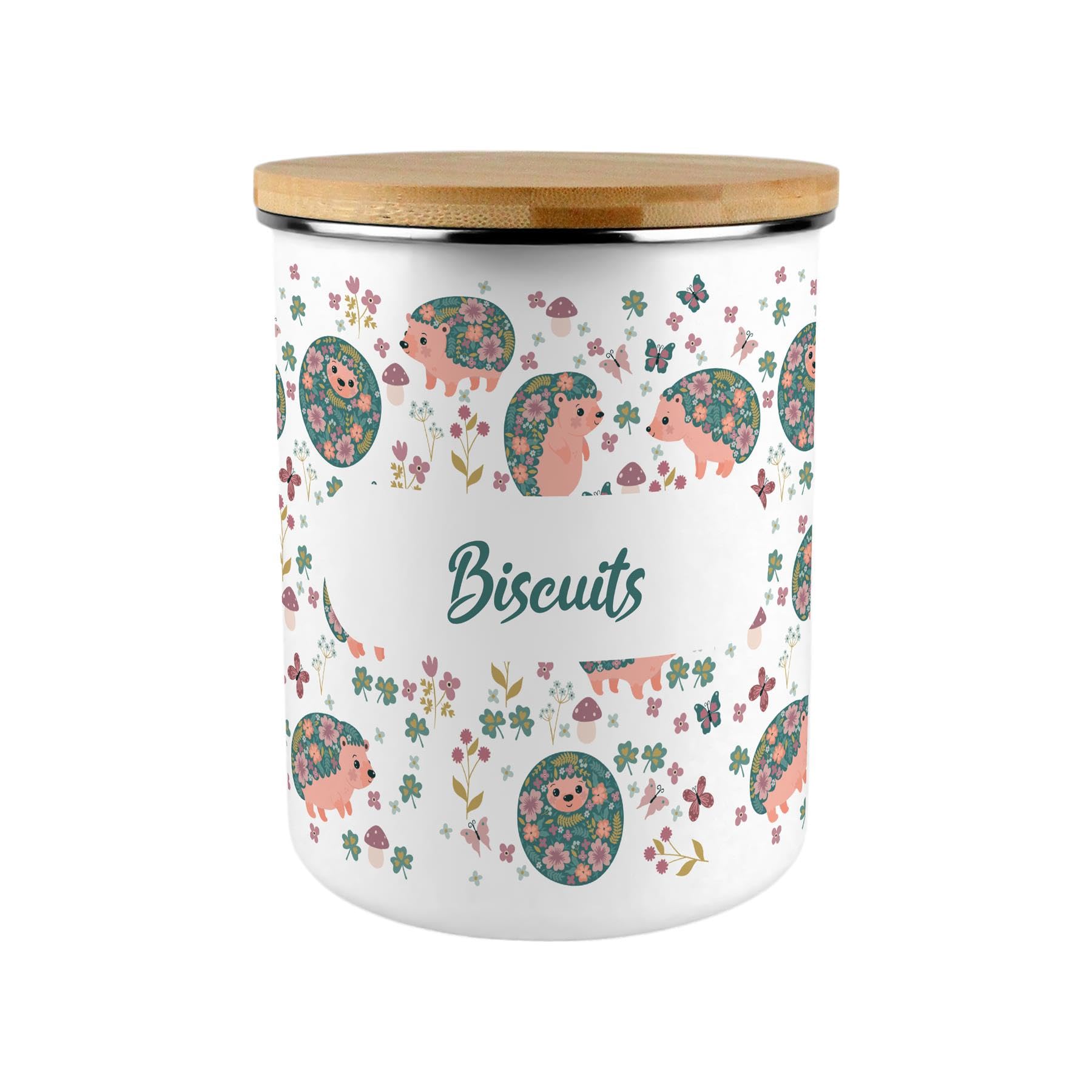 Hedgehog & Flowers Biscuit Storage Canister - Floral 2.7L Extra-Large Enamel Home & Kitchen Organisation Container