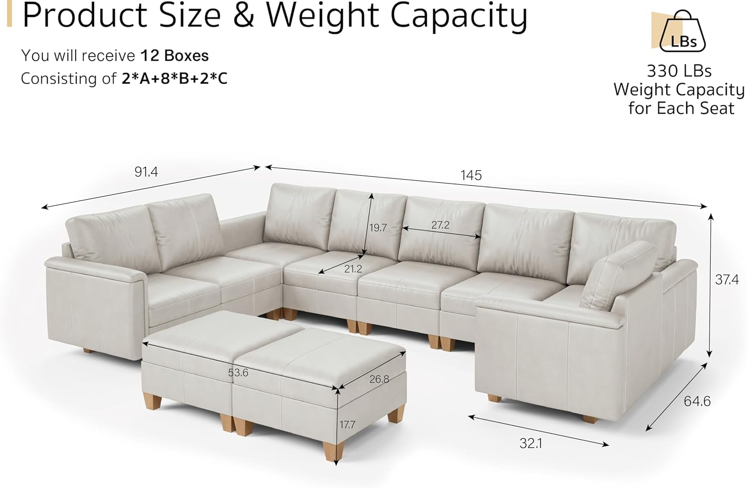 SITJOY Faux Leather Modular Sectional Sofa with Storage, Mid Century Modern Sectional Couches for Living Room, Soft Padded Armrests, 145" Wide 8 Seater U-Shaped Couch with Chaise, Greige