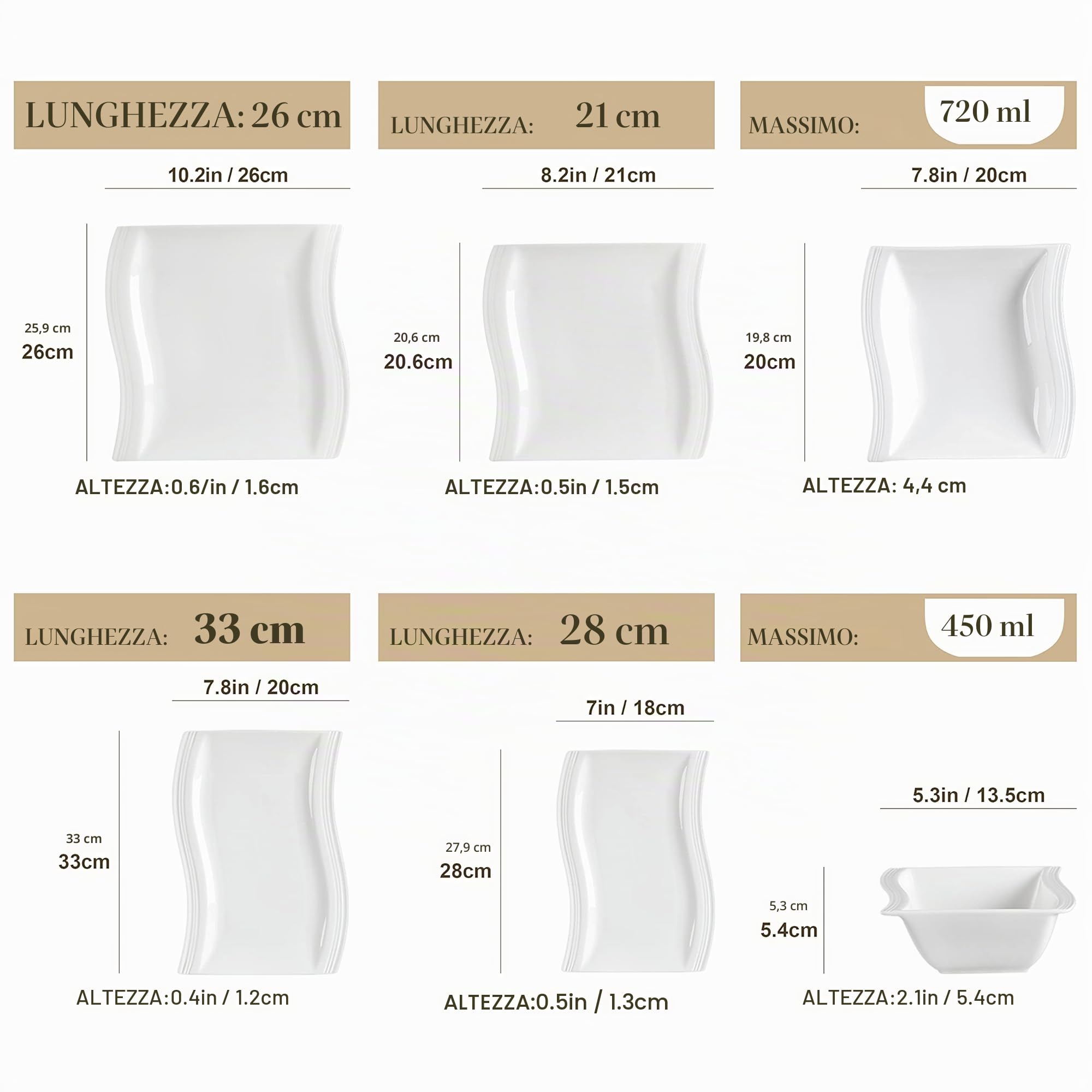 MALACASA Servizio di Piatti in Porcellana da 26 Pezzi con 6 Ciotole, 6 Piatti per Dessert, 6 Piatti Fondi, 6 Piatti Piani e 2 Piatti Rettangolari, Bianca Crema, Serie FLORA