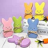 Easter Bunny Decorations Indoor for Home Table,6 PCS Spring Wooden Peeps Centerpiece Signs Decor with Hemp Rope for Office Tiered Tray,Easter Basket Stuffers Wood Gifts Stuff for Mantel Shelf Bathroom