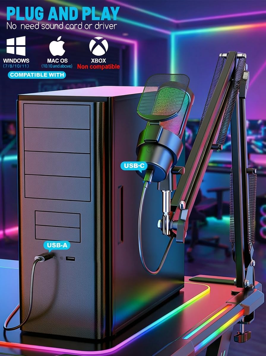Anykuu Microphone Condensateur PC 1 avec Bras Articulé, RVB pour Streaming, Condensateur Cardioïde 192 kHz/24 Bits avec Bouton Silencieux, Plug & Play pour PC, Mac, PS4/PS5, Gaming, Podcast
