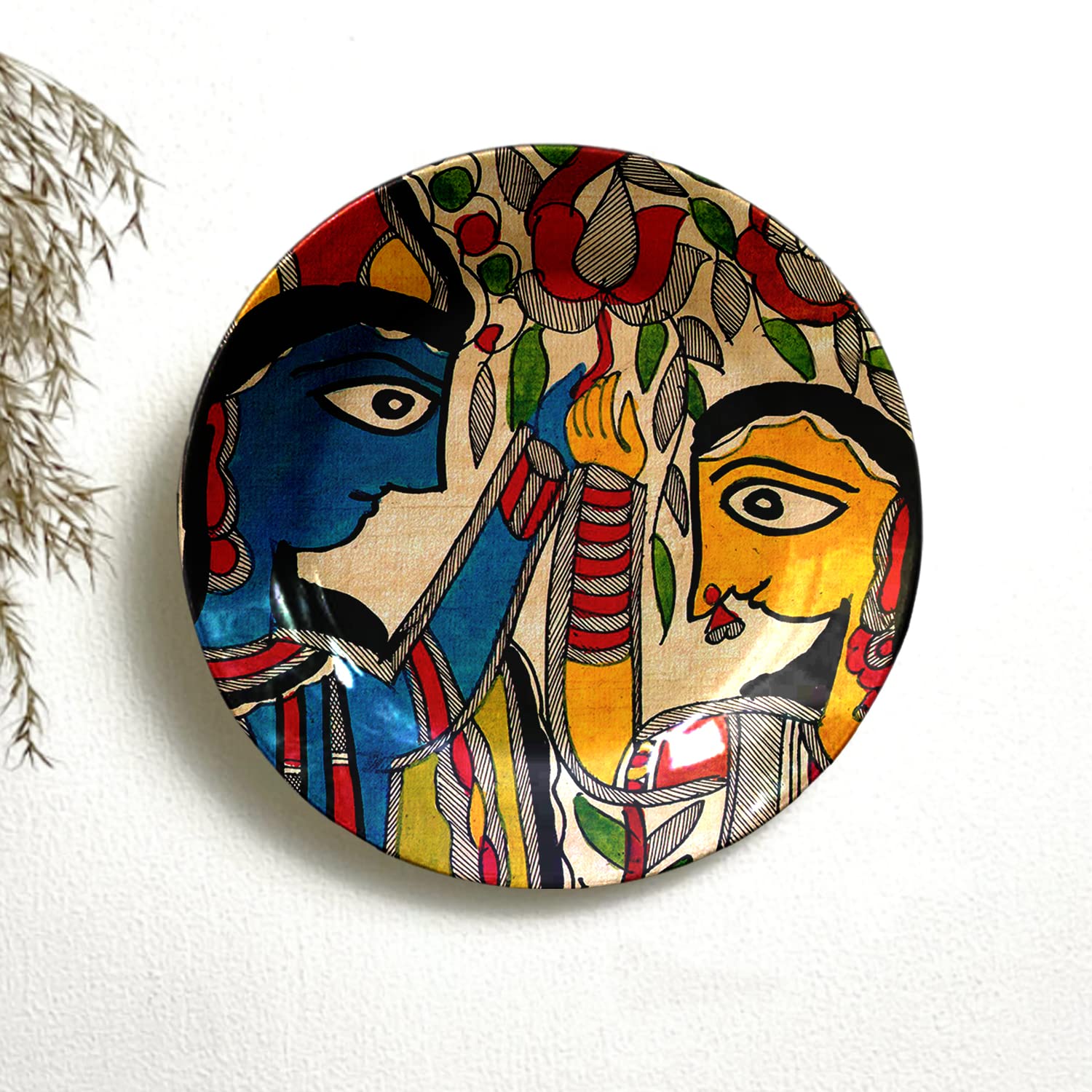 The Day Kart Radhe & Krishna Madhubani Art Ceramic Decorative Plate with Stand for Home/Office/Living Room | 10 inch