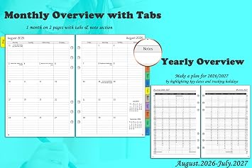 Academic Diary 2026 2027 Refill A5, Week on 2 Pages, Weekly & Monthly Planner with Tabs, Notes & Contact, August 2026 to July 2027, 6 Hole Organiser Inserts, Mid Year Calendar 2026/27
