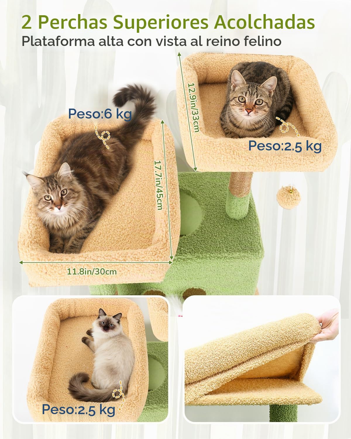 Globlazer Árbol Rascador Cactus Verde para Gatos XXL 204 cm Alto con 2 Grande Nidos 50*30*30CM, 2 Acolchada Plataforma, Hamaca, Cesta, Juguetes, Estable Rascador para 3-5 Gatos Adultos (S80B, Verde)