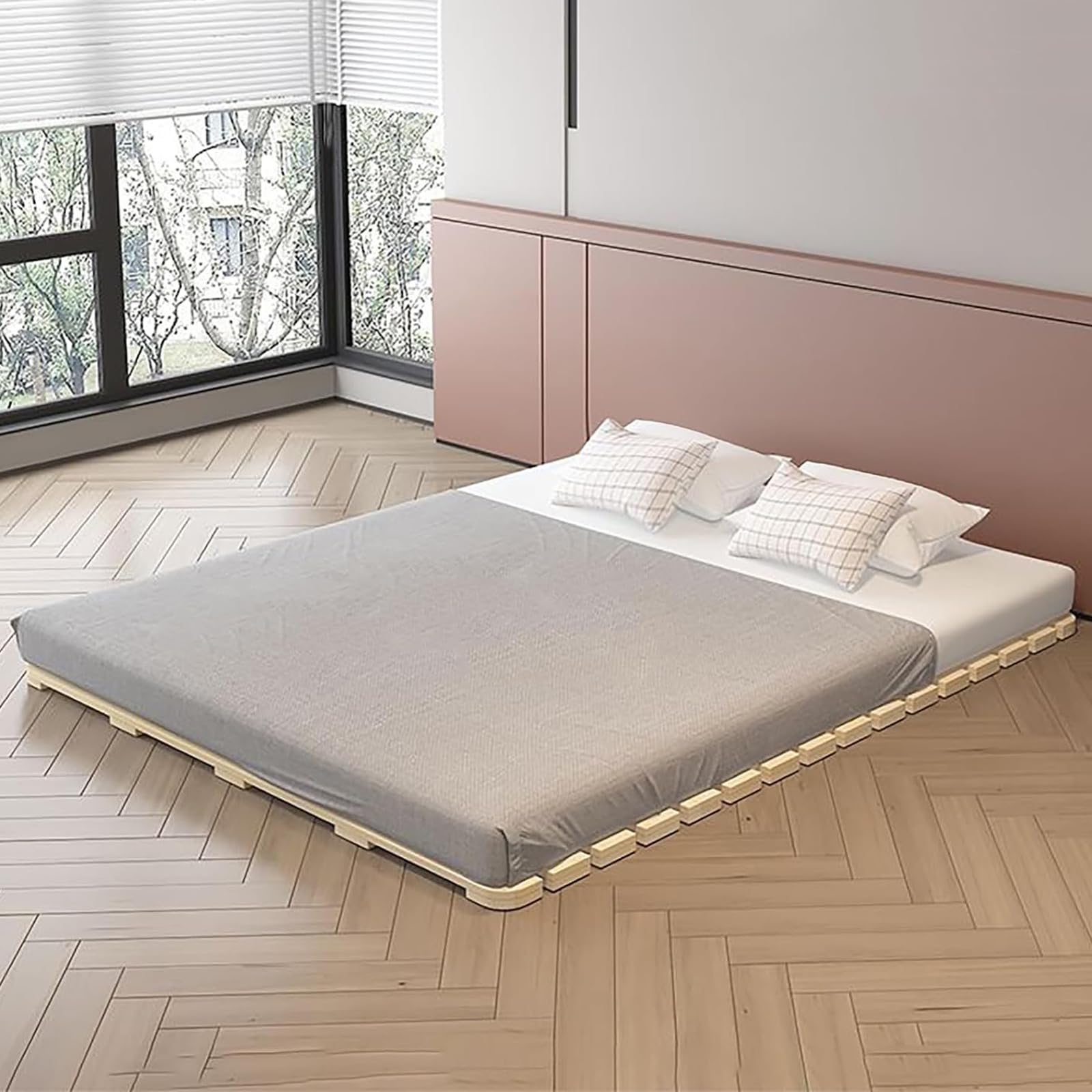 Lit japonais pliable en bois massif Roll-PE à lattes pour chambre à coucher, chambre d'amis, dortoir - Design compact - Kaki (190 x 135,1 cm)