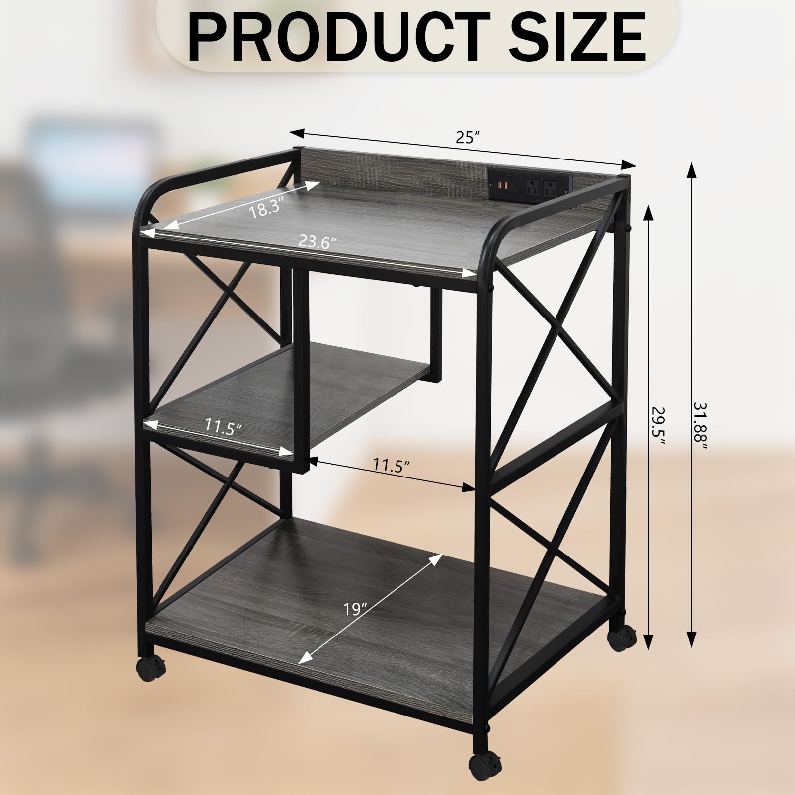 Druckerständer mit Aufbewahrungsregal, Großer Druckertisch mit Rollen für Home Office, 23 x 18 Zoll Druckerregal mit Steckdose USB-Anschluss, Computerturm-Ständer, Grau