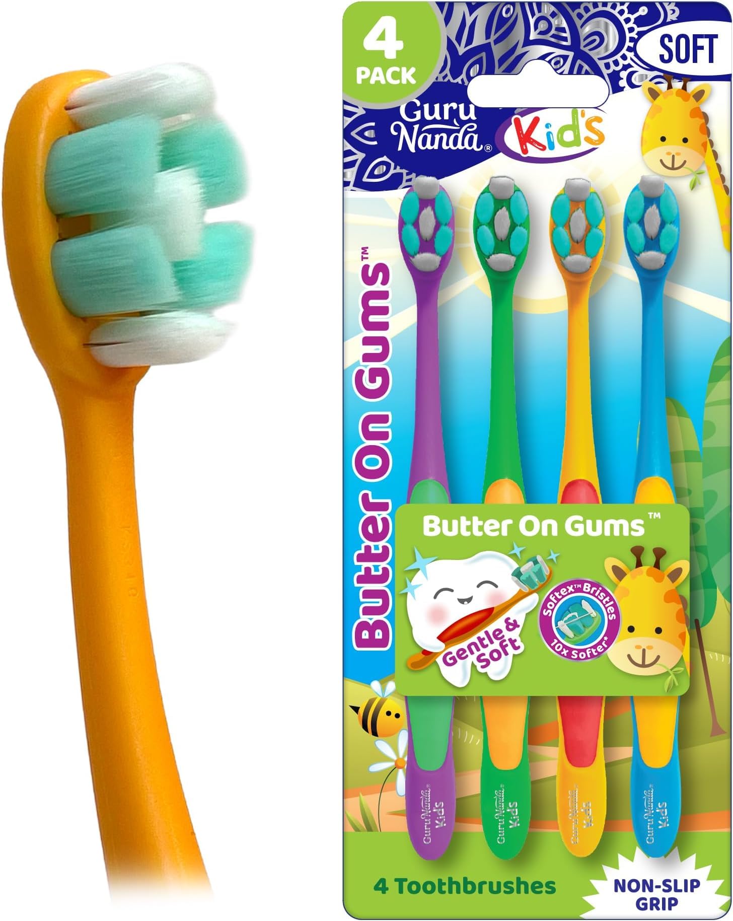 GuruNanda Butter On Gums Kids Toothbrush - 24 Pack Extra Soft Bristles Toothbrush for Kids, Multi-Colored &amp; Fun to Use for Beginner Cleaning - Ergonomic Grip Handle - BPA &amp; Cruelty-Free (Age 3+)