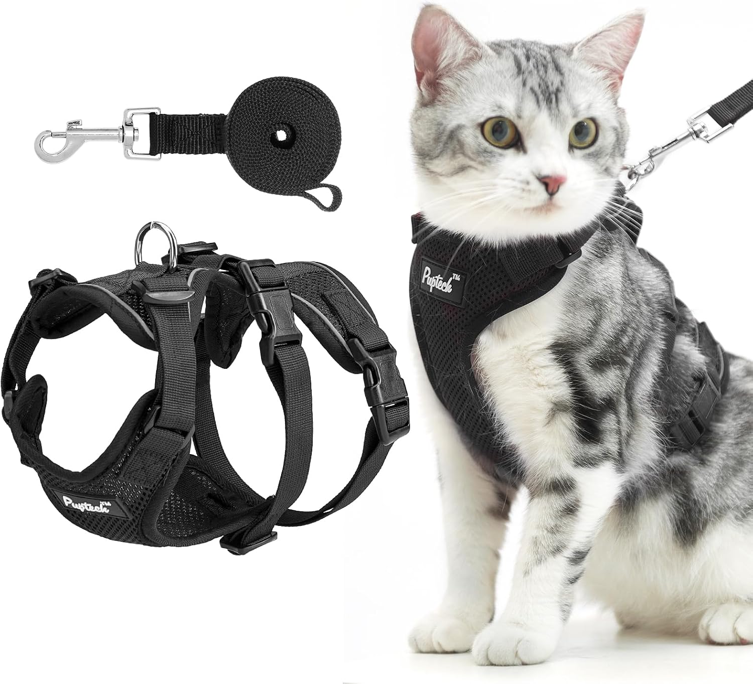 PUPTECK Cat Harness and Leash Set Escape Proof for Walking, Breathable Mash Vest Adjustable Harness for Cats Puppy Small Animals,…