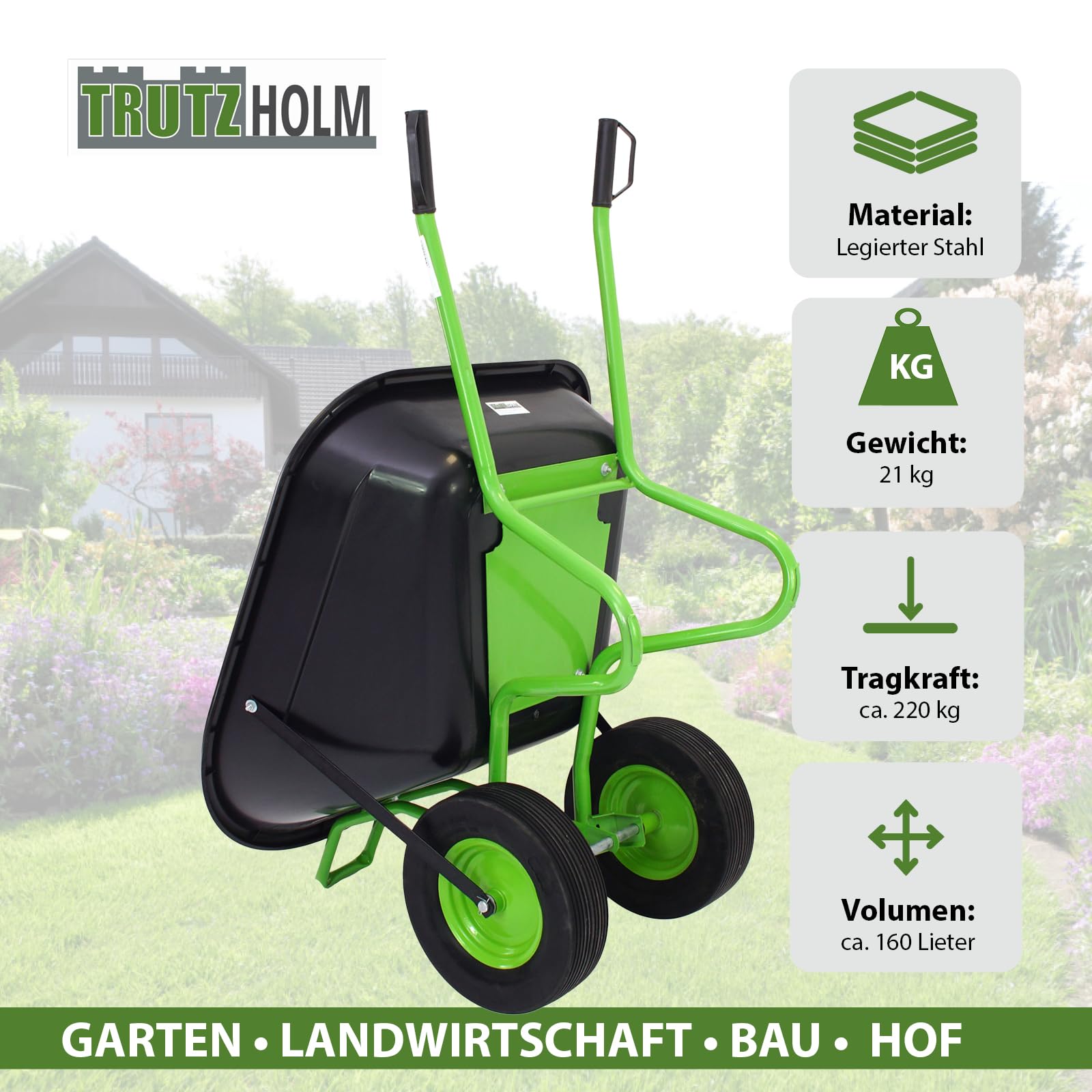 TRUTZHOLM 2-Rad Schubkarre 160 L 220 kg Gartenschubkarre Schiebkarre Hofkarre Vollgummireifen Metallfelge grün