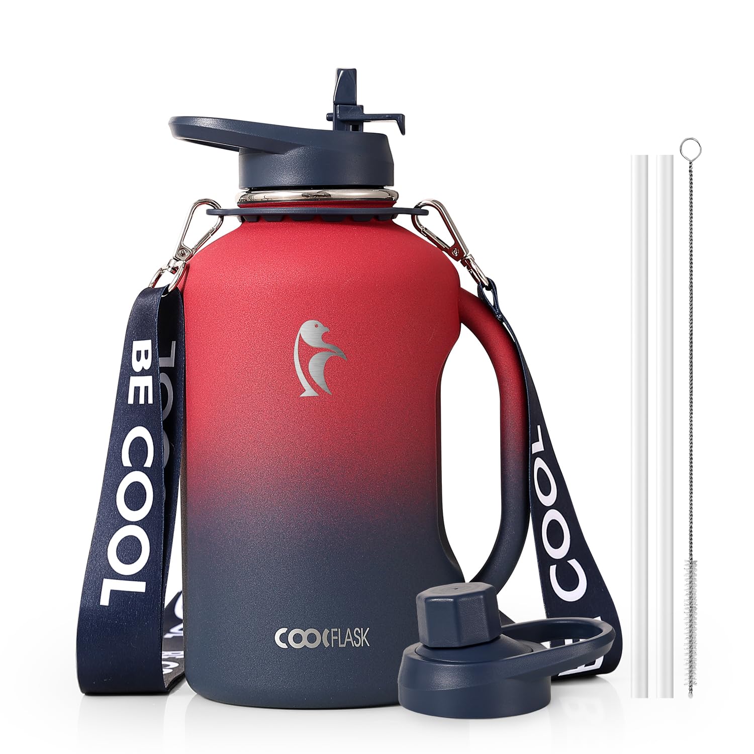 Coolflask Half Gallon Water Bottle with Straw, 1.2L Insulated Stainless Steel Water Jug with Handle Metal Double-Walled Vacuum Large Flask with Strap Leakproof, Keep Cold 48H Hot 24H, Wine/Navy