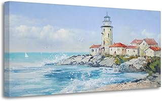 Anolyfi Blue Ocean Coastal Lighthouse Canvas Wall Art Large Beach Seascape Picture, Nature Landscape Textured Painting Artwork Framed for Living Room Bedroom Bathroom Kitchen Office Home Decor 40"x20"