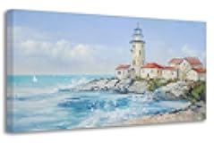 Anolyfi Blue Ocean Coastal Lighthouse Canvas Wall Art Large Beach Seascape Picture, Nature Landscape Textured Painting Artwork Framed for Living Room Bedroom Bathroom Kitchen Office Home Decor 40