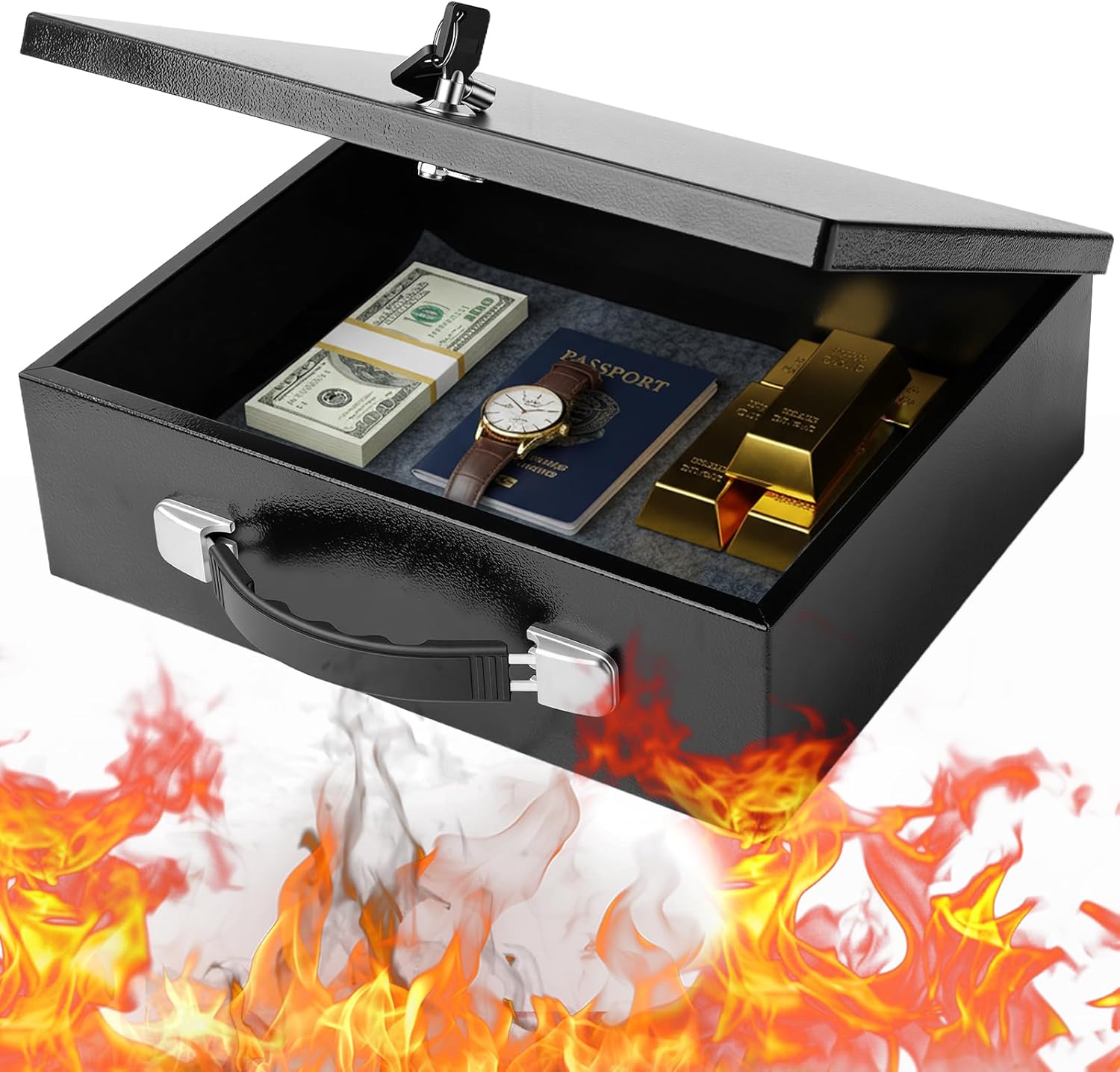 Fireproof Document Box with Key Lock, Metal Fireproof Lock box Portable, Fire Resistant Home Safe Box for Documents, Jewelry, Cash, Tablets and Personal Items, 13.2" x 11" x 4.13"