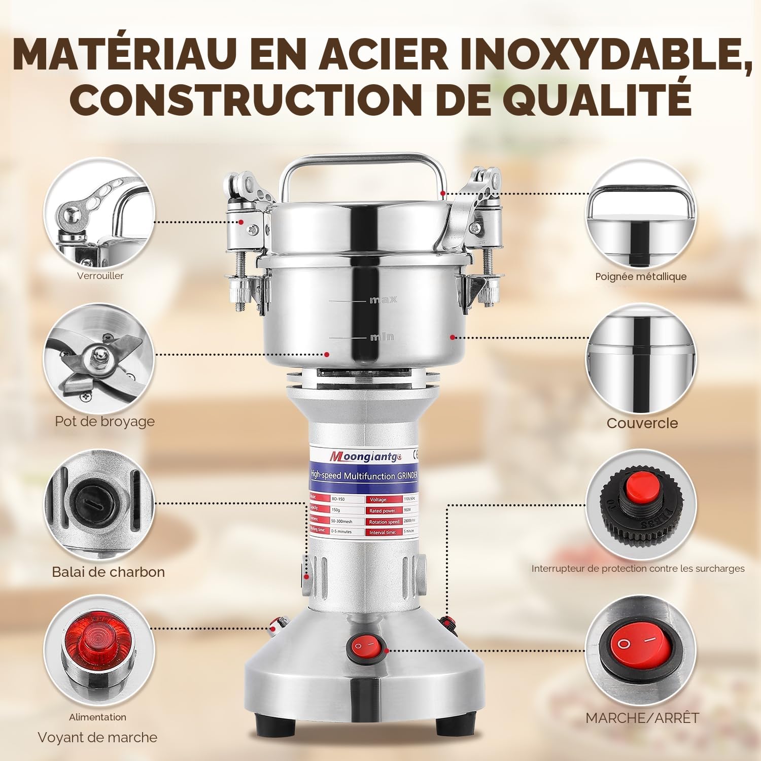 Moongiantgo Moulin à Céréales Électrique Moulin à Grains 950W 28000RPM, Broyeur Ultrafin 150g en Acier Inoxydable Moulin à Epices avec Moteur Commercial &Protection Surcharge pour Grains/Épices/Herbes