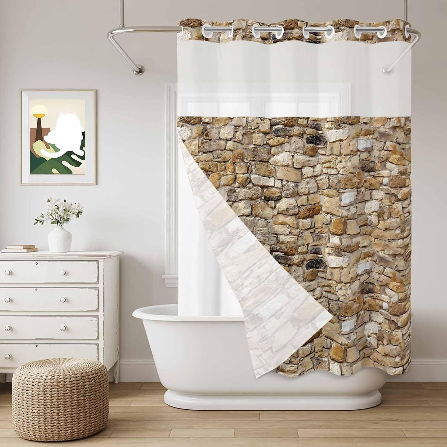 PIEPLE No Hook Shower Curtains with Snap in Liner, Brown Beige Stones Waterproof Fabric Shower Curtain, Farmhouse Stones Modern Art Double Layers & See-Through Top Window Bathroom Curtains 48''x72''
