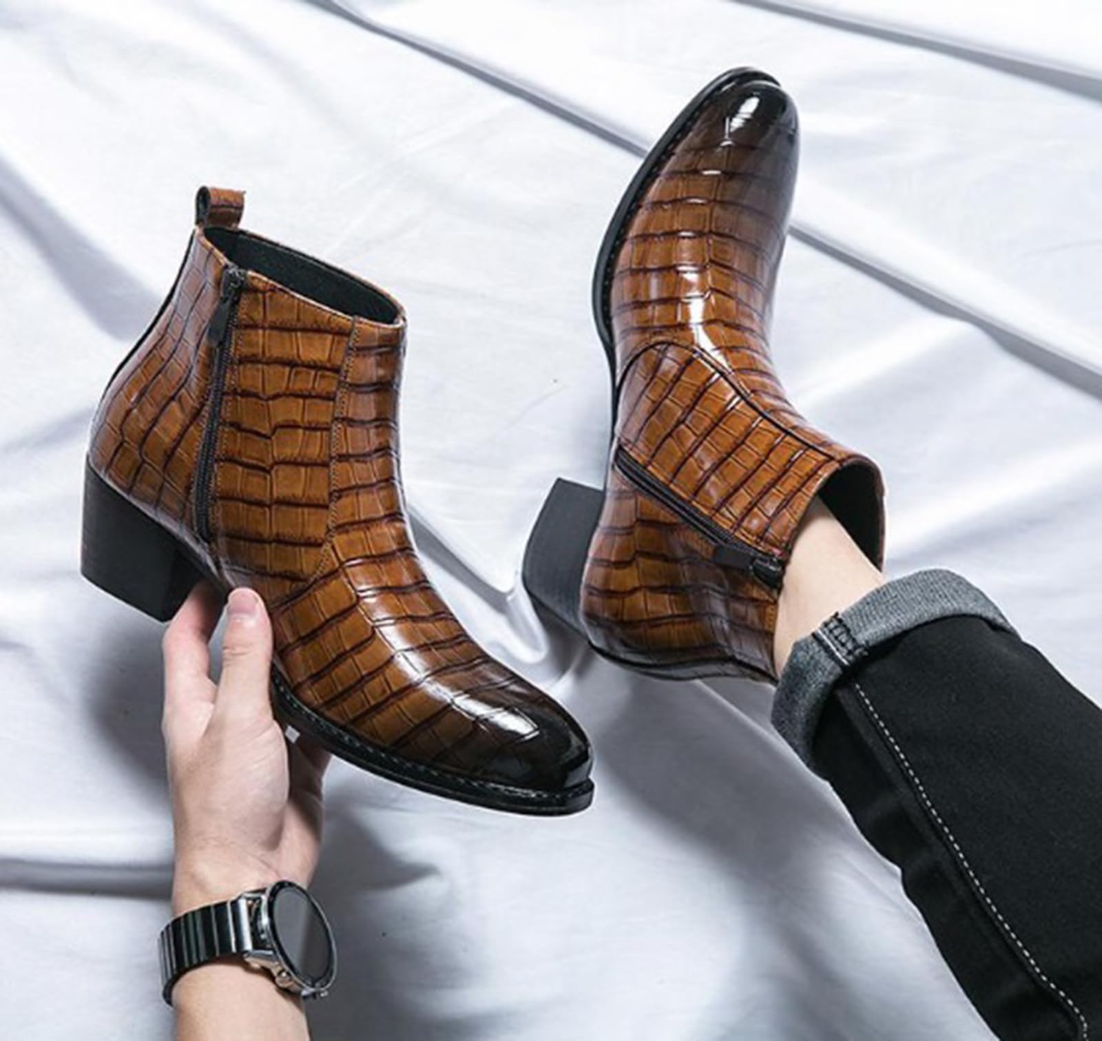Stivaletti Chelsea Uomo Effetto Coccodrillo Tacco Alto Scarpe da Abito | Chiusura Zip Laterale Pelle Sintetica Ankle Boots Eleganti Stile Western per Matrimonio Festa Business Regalo Uomo