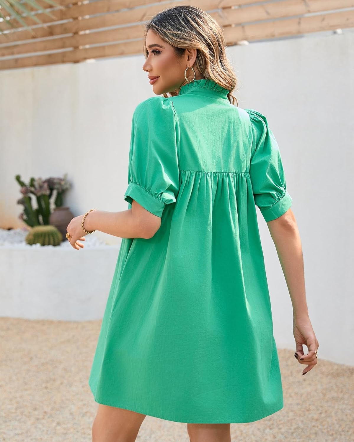 Women's Ruffle Collar High Neck Mini Dress Puff Short Sleeve Cotton Babydoll Peplum Dresses with Pockets - Image 4