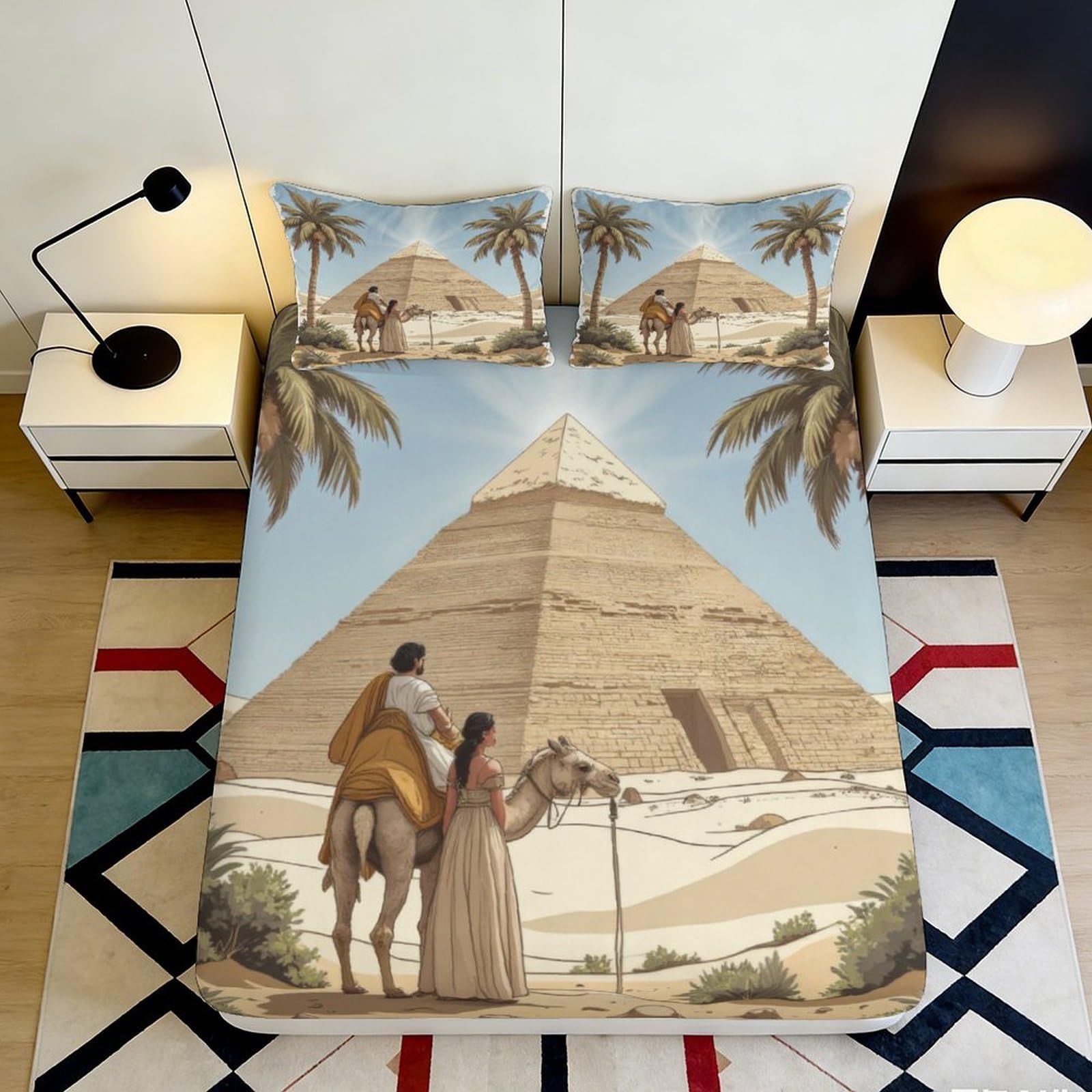 Pnayamiorkfel Style-4 3D Printed Egyptian Pyramid Fitted Sheet Microfiber Soft Desert Camel Bed Cover For Bedroom Decor Mattress Protection 90X200x25cm