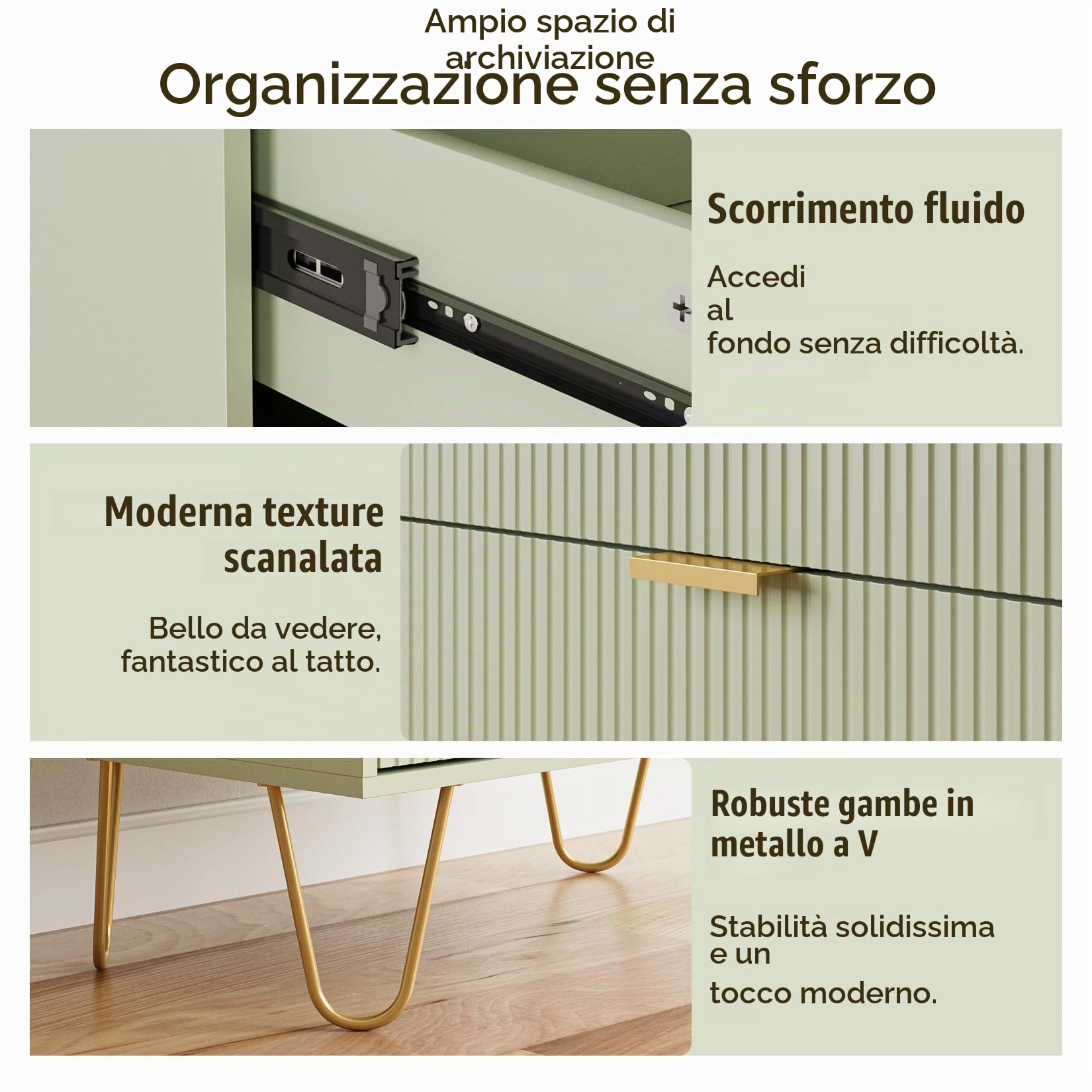 HEYZOEY Cassettiera con 4 cassetti, 34 x 60 x 91 cm, in legno con gambe dorate, moderno, boho, per camera da letto, corridoio, soggiorno, verde