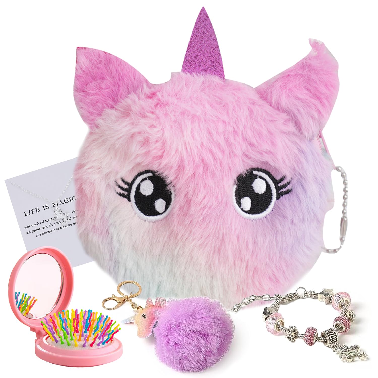 Unicorns Gifts for Girls 5-10+ Years Old, Kids Unicorn Toys with Mirror Comb/Unicorn Key Hanging/Necklace/Bracelet/Wallet, Soft Plush Toys Set for Teens Birthday Gifts Christmas (5 in 1)