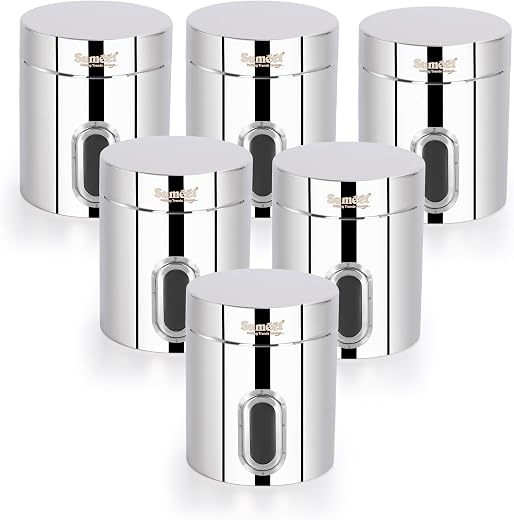 Sumeet Stainless Steel Small Containers/Jars/Dabba for Kitchen Storage with See Through Window - set of 6Pcs, 310ml capaci...