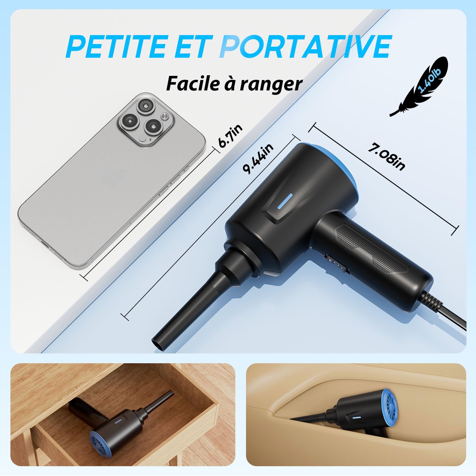 Souffleur Air Comprimé - Souffleur PC - 500W/5.74 oz - Dépoussiérant pour Clavier - Voiture - Canapé - Plus Vert