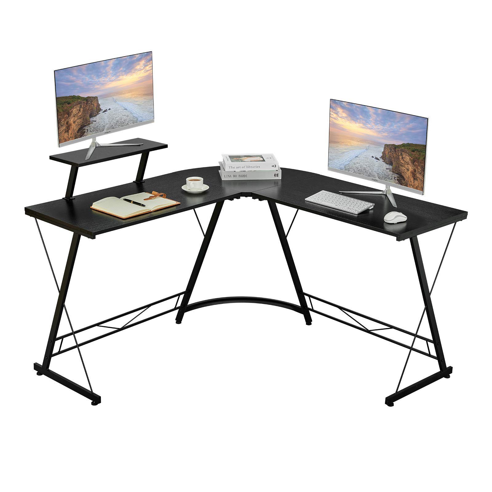 AINGOOL Shaped Desk Corner Desk 50.6” Gaming Desk with Large Monitor Stand Space-Saving Reversible Home Office Workstation, Easy to Assemble, Black