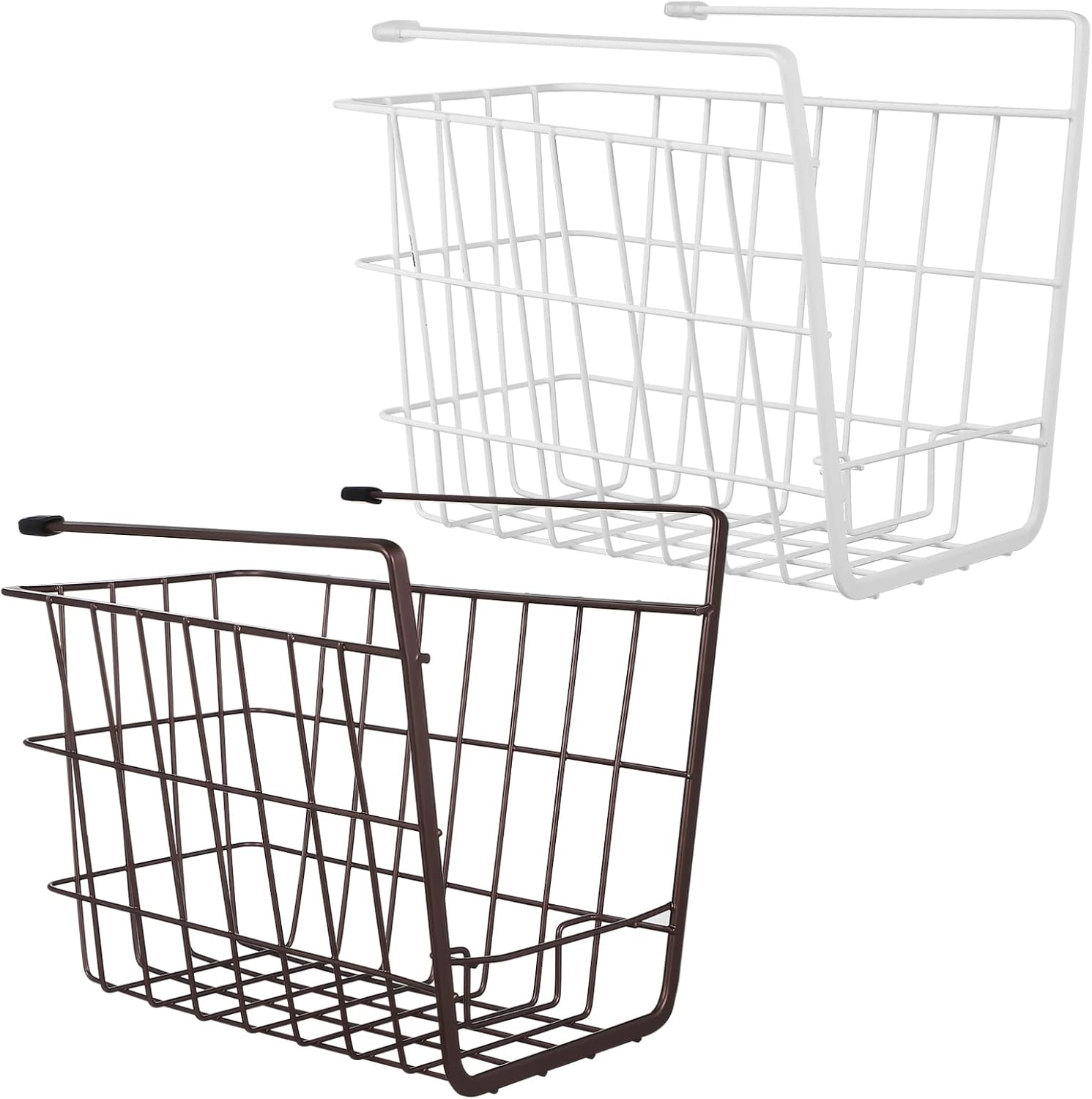 KICHOUSE 2pcs under Shelf Wire Baskets for Kitchen and Pantry Organization Hanging Storage Bins for Bookshelf and Bathroom Use Stylish Brown and White Design