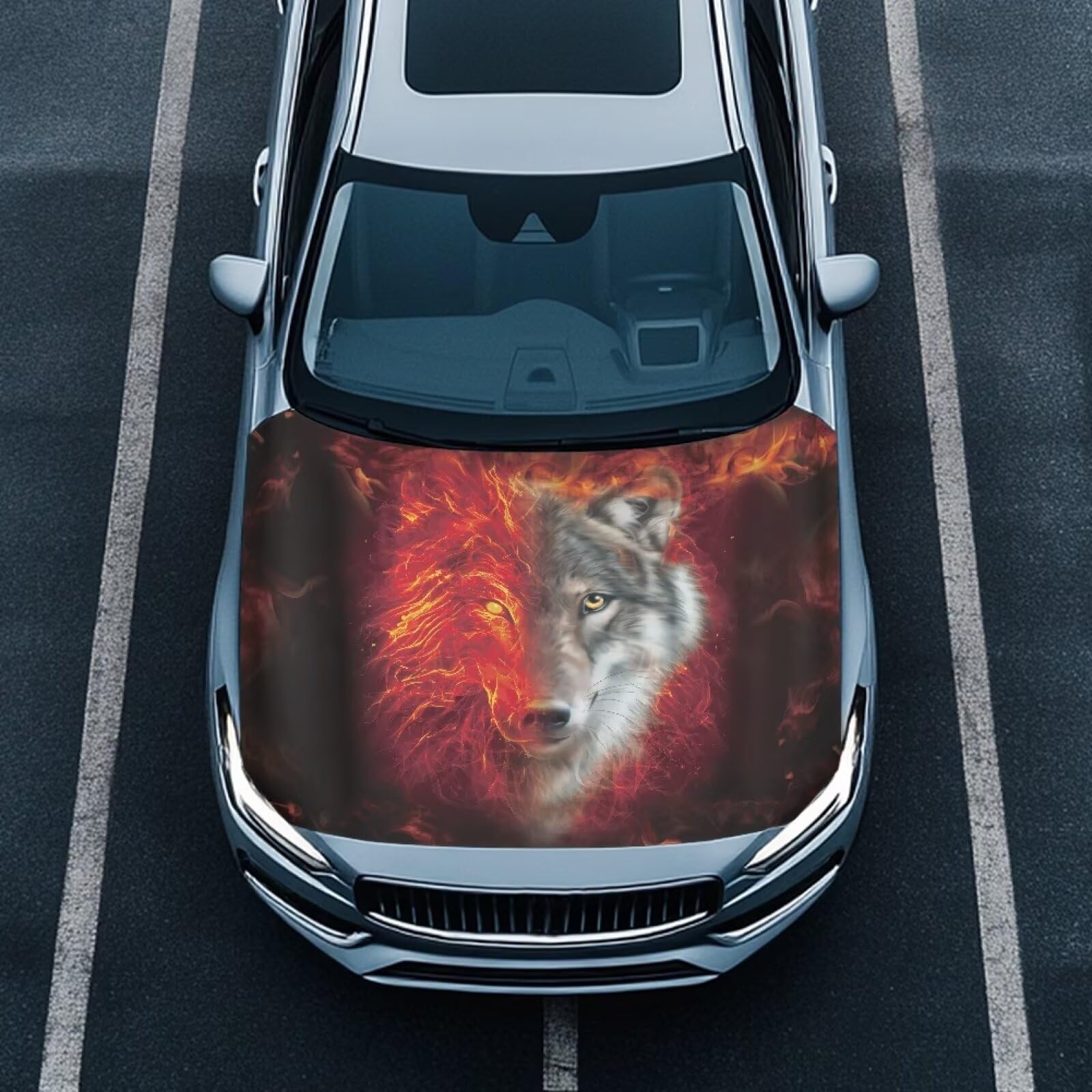 Red Flame Wolf Universal Car Hood Cover Waterproof All Weather, Car Hood Cover Protector for Automobiles Outdoor Indoor for All Season Waterproof Dustproof