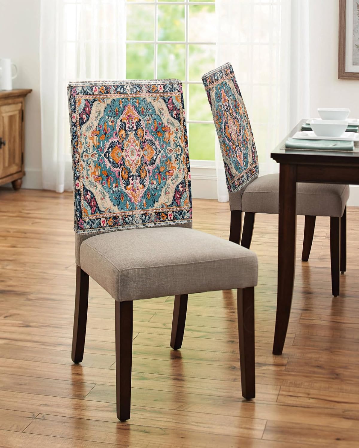 4 Packs Bohemia Flower Dining Chair Back Cover, Kitchen Dinner Chair Seat Covers Washable Chair Slip Covers, Removable Slipcovers Protect for Dinning Room Colorful Vintage Abstract Geometric