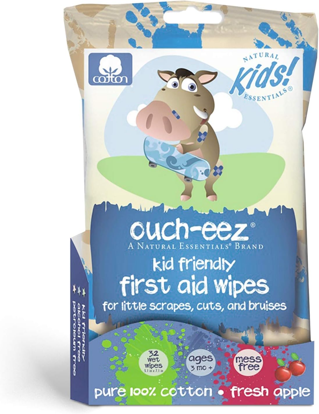 Ouch-eez, Kid Friendly First Aid 100% Cotton Wipes, 32-Count, Fresh Apple Scent For Little Scrapes, Cuts and Bruises, Ages 3 Months & Up