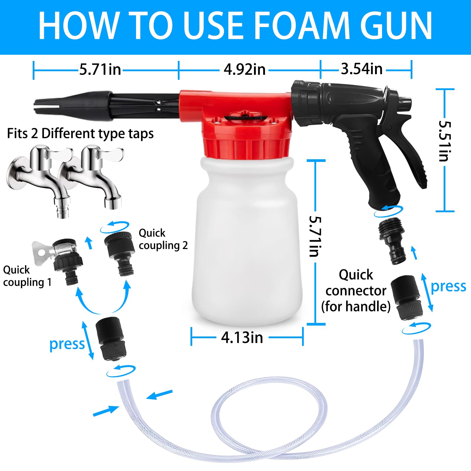 Pulvérisateur à mousse pour voiture - 1000 ml - Réglable - Pour lavage de voiture, grande capacité avec bande anti-fuite - Canon à mousse 2 en 1 pour le lavage, l'arrosage du jardin, la douche
