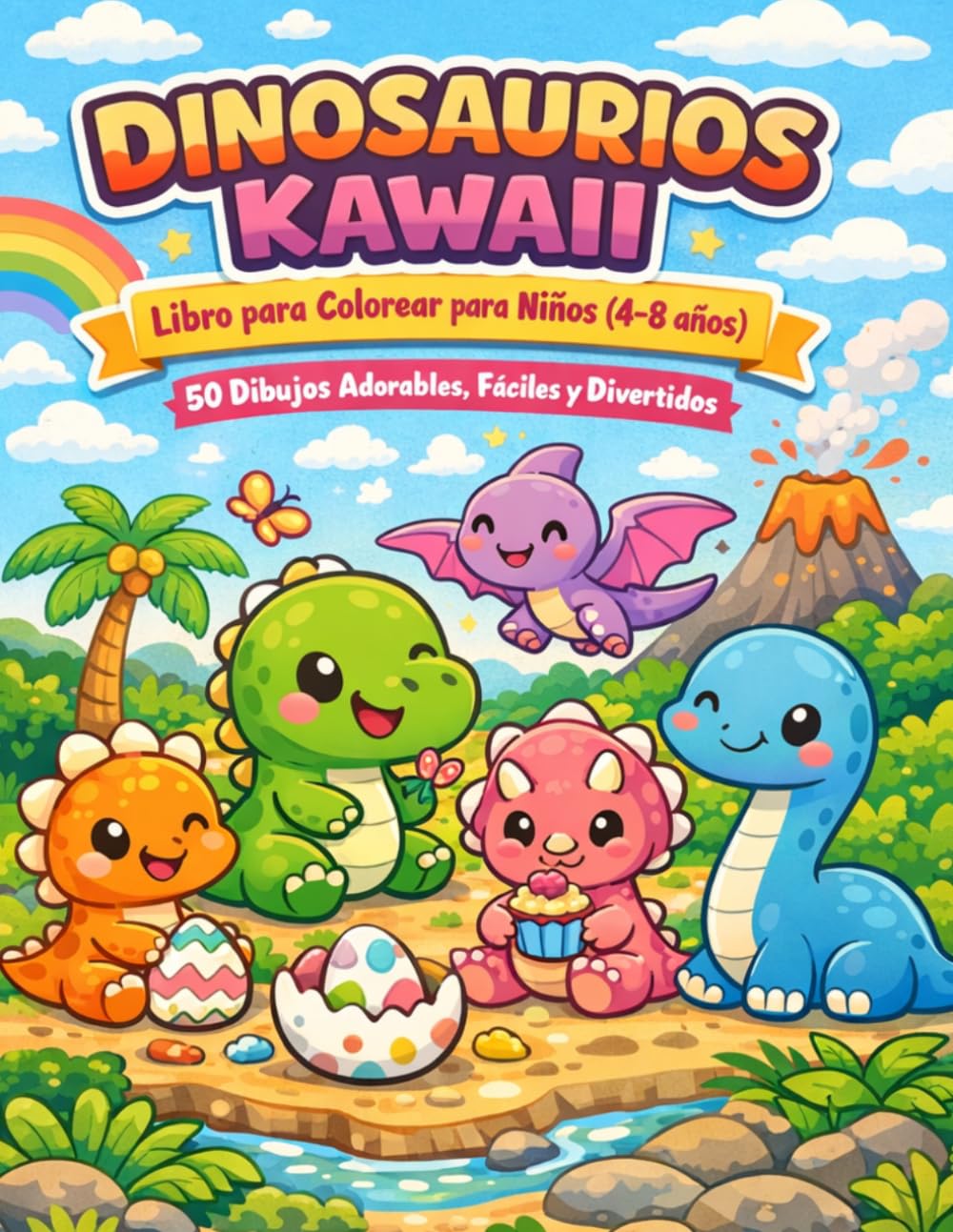 Dinosaurios Kawaii – Libro para Colorear para Niños (4-8 años): 50 dibujos kawaii fáciles y divertidos para desarrollar la creatividad, la imaginación y la concentración
