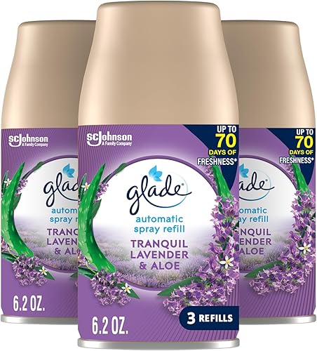 Glade Relabije automático de aerosol, ambientador para el hogar y el baño, tranquilo lavanda y aloe, 6.2 oz, 3 cuenta