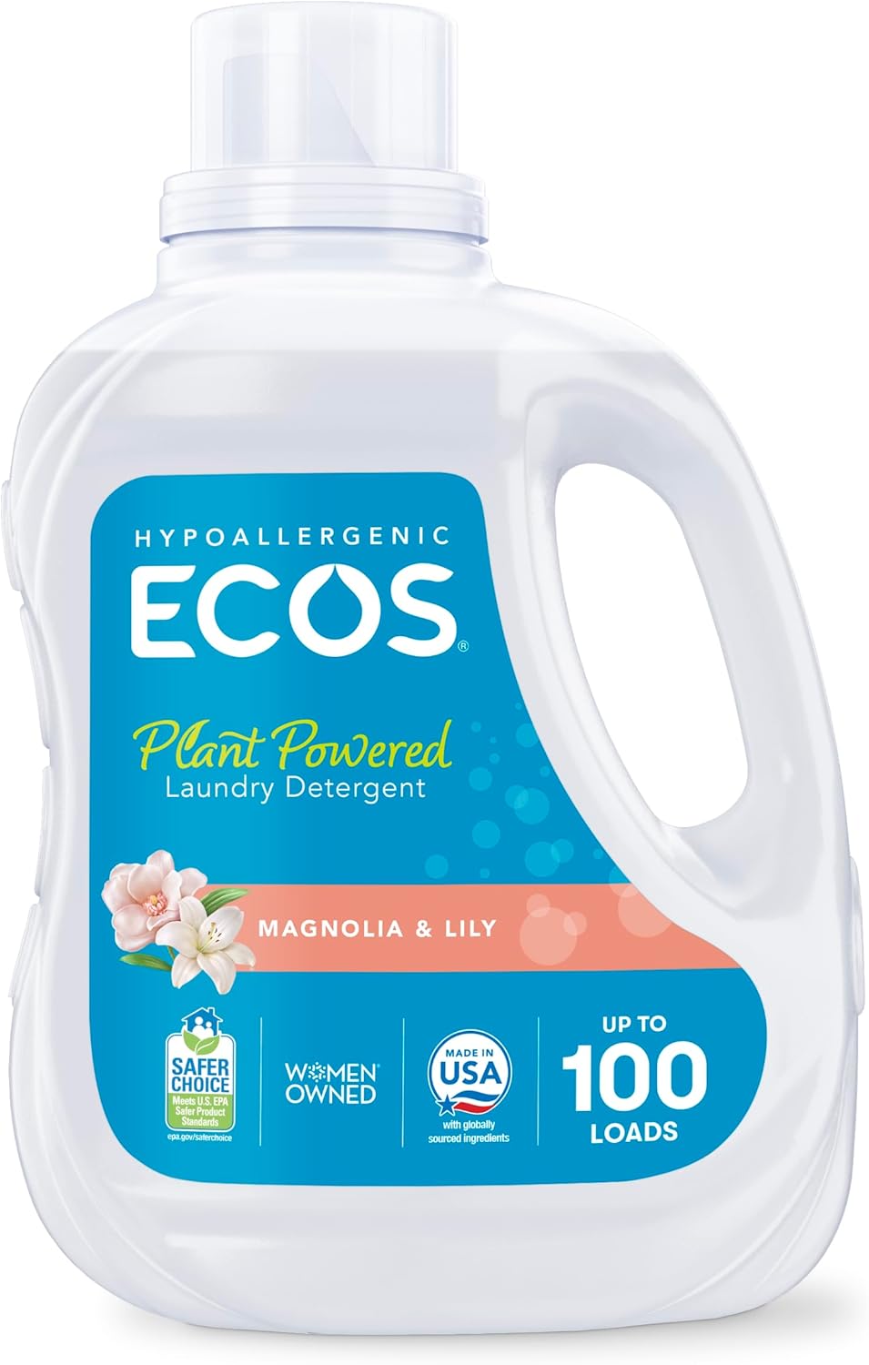 ECOS Laundry Detergent Liquid, 100 Loads – Dermatologist Tested Laundry Soap – Hypoallergenic, EPA Safer Choice Certified, Plant-Powered – Magnolia Lily, 100 Fl Oz