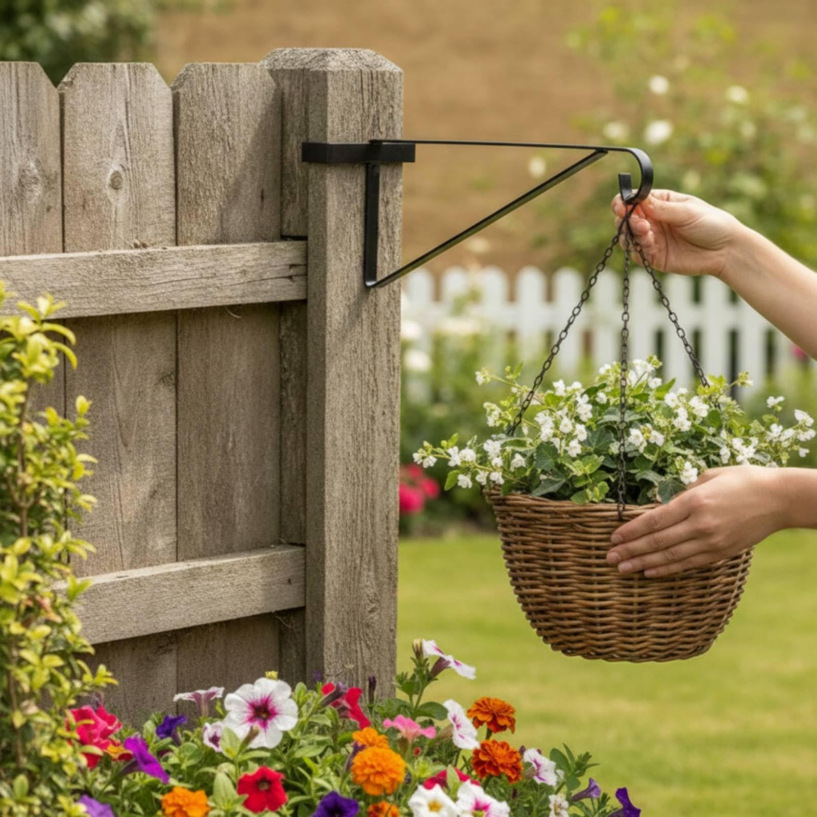 Fence Basket Hanger Crochet de Clôture Support Potence Équerre Montage Glissé sur Poteau sans Perçage pour Plantes Suspendues Adapté aux Clôtures Béton