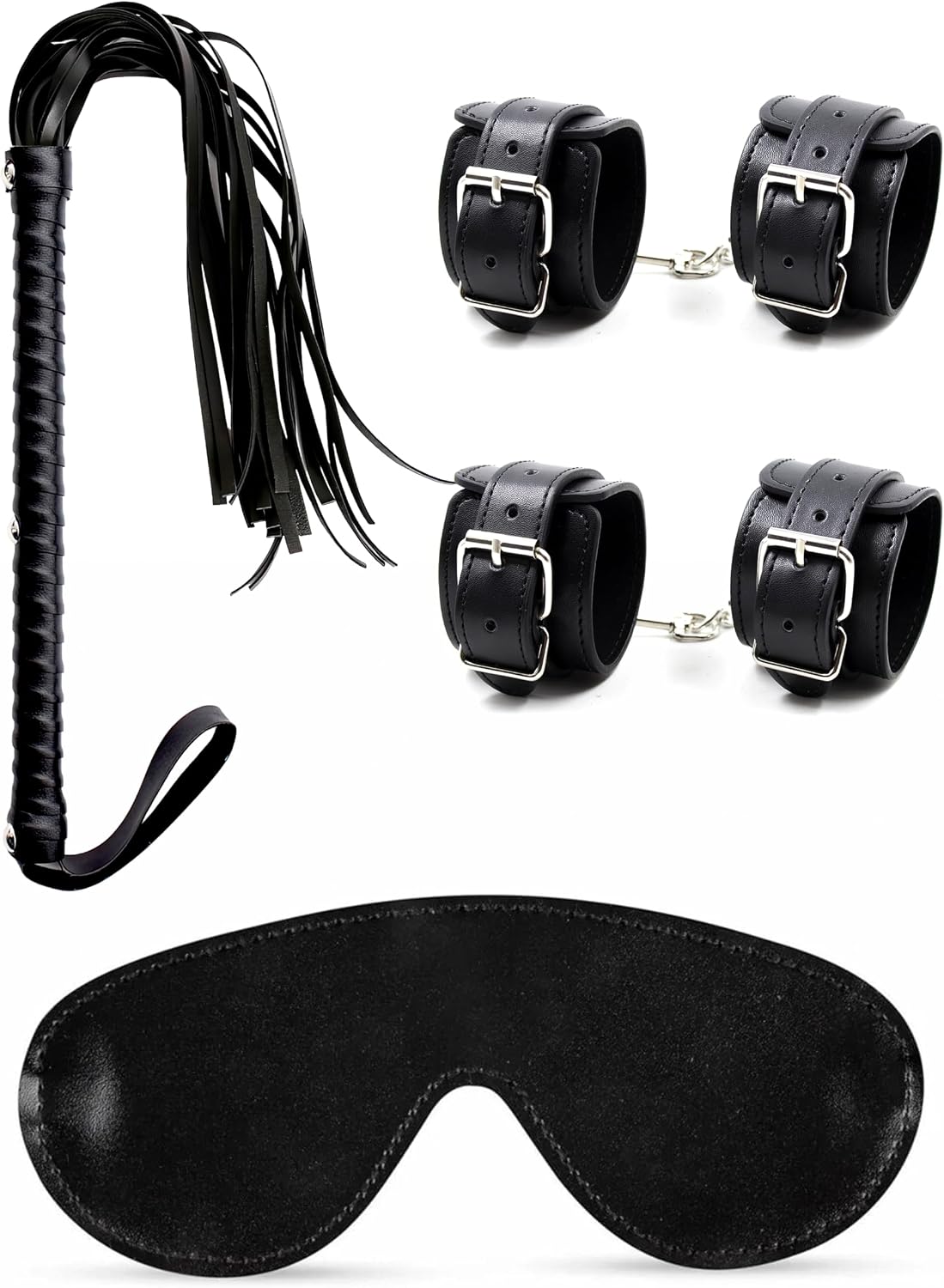 Sex Handcuffs for Grownups Bedroom, Faux Leather BDSM Flogger for Play, Sex Blindfold Eye Mask for Women - 3pcs Bondage Restraints BDSM SM Starter Kit Restraints Set for Couples