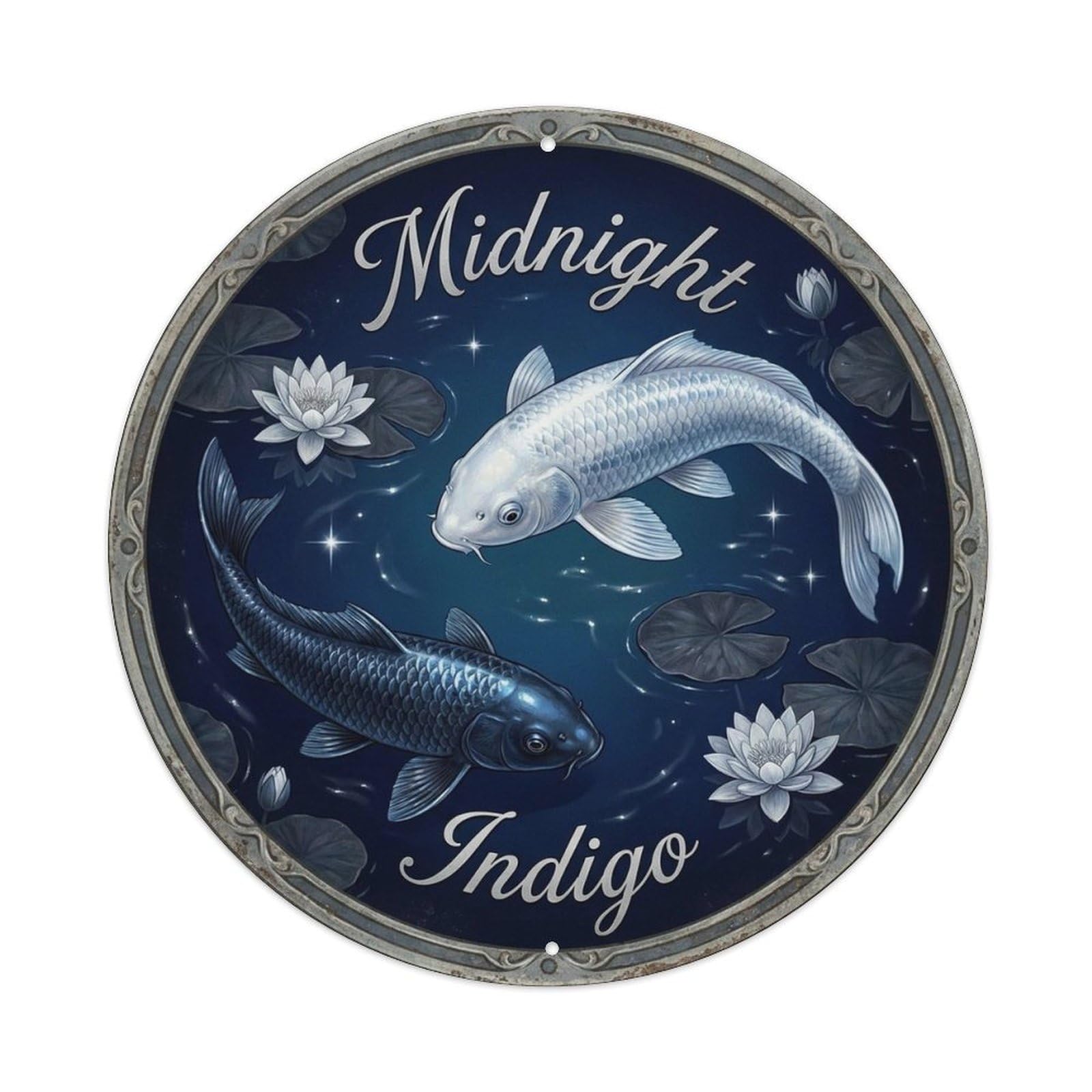 Ornamental Carp Indigo Folk Pattern Classic Metal Tin Sign Plaque Wall Decor for Cafe, Man Cave, Club Bar, Office, Home Garden Round Metal Poster 8x8Inch